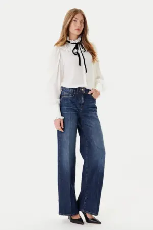 بنطال جينز أورتوجرافيا أزرق داكن بساق واسعة